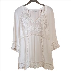 PALE SKY STANBURY LACE EMBROIDERED BOHO TUNIC TOP SHIRT OFF WHITE MEDIUM